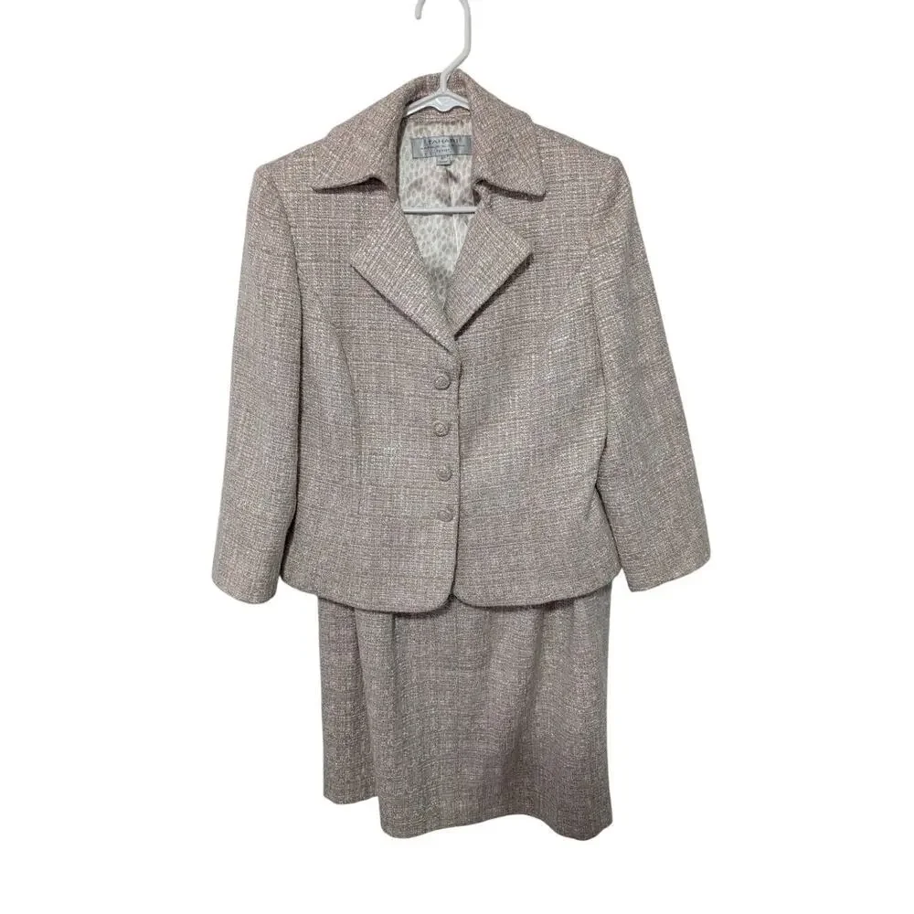 TAHARI! STUNNING PINK, CREAM, BEIGE/TAN NUBBY 2 PC SKIRT & JACKET SUIT SET! 6P